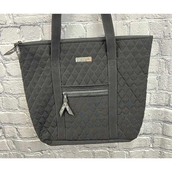 Vera Bradley Quilted Shoulder Tote Bag  Black With Zipper Closure & Front Pocket - Picture 2 of 6